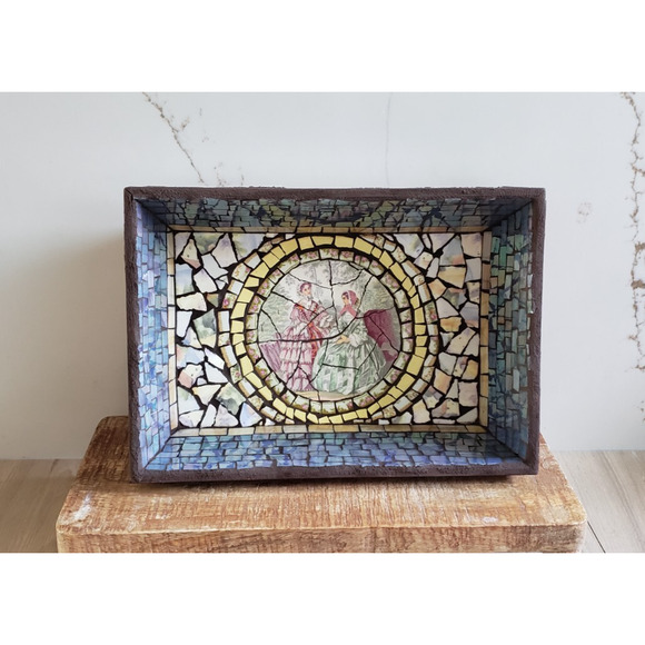 Vintage Other - VTG Mosaic Wood Box Victorian Ladies Scene Mother of Pearl Tile Inlay MCM Decor